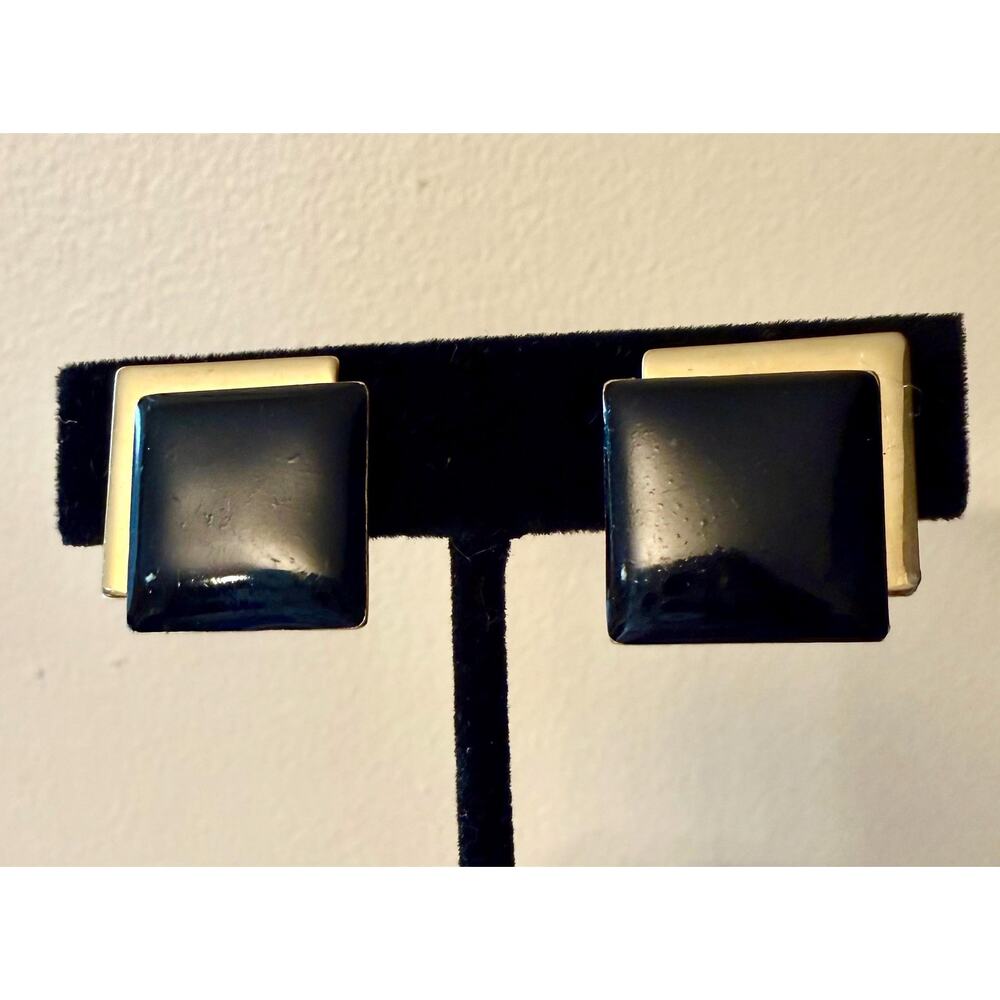 Monet Vintage Square Black Enamel Gold Tone Clip On Earrings, 1980s